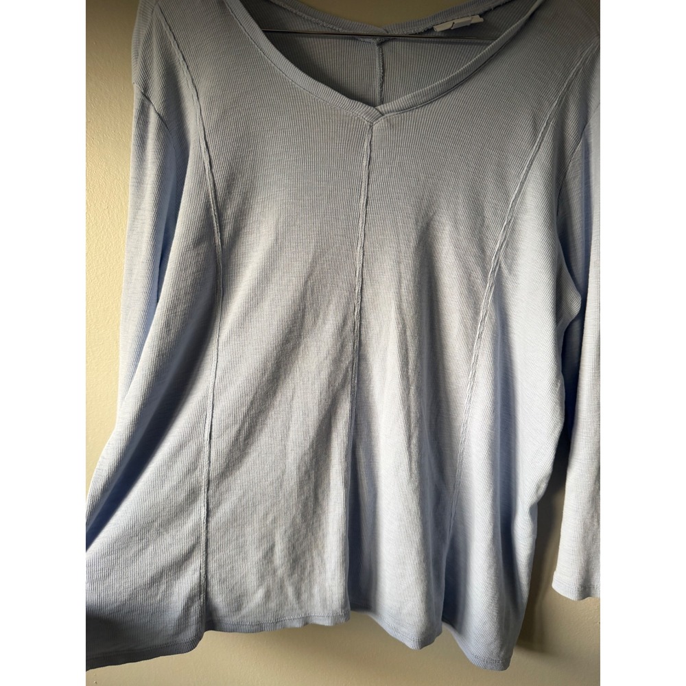 J.Jill Light Blue 100% Pima Cotton Ribbed V-Neck 3/4 Sleeve Seamed Top Large - Picture 5 of 7